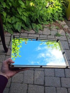 Vintage Decorative Brass-Trim Glass Vanity Tray - White Mirror Surface